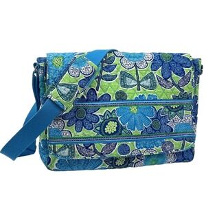 Vera Bradley Doodle Daisy Messenger Laptop Bag Blue Floral Quilted Crossbody Y2K